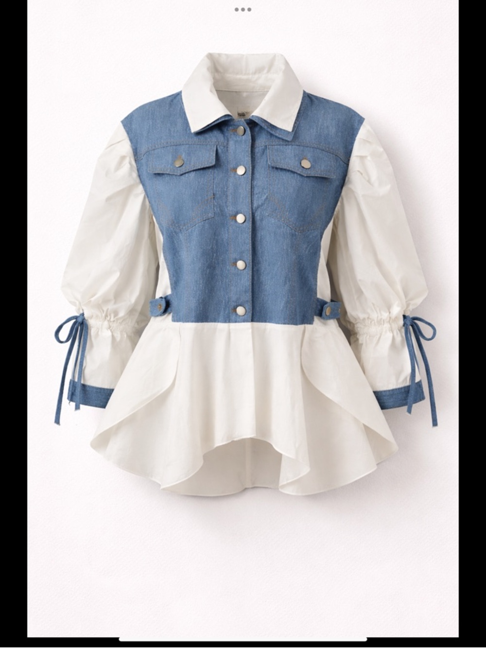 Denim Peplum Blouse 2X Color-block Puff Sleeve Tie Cuff Statement Top ILLord